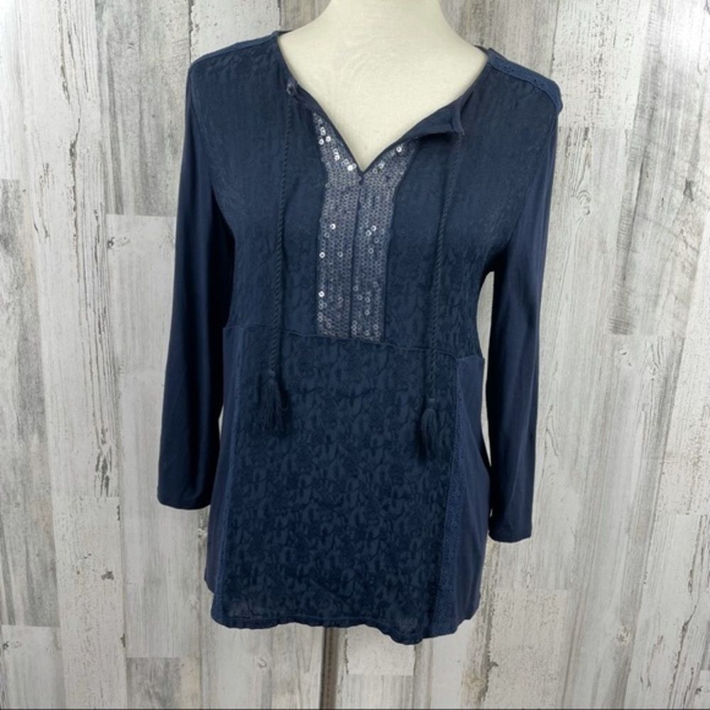Chico’s Women's Blue Sequin V Neck Blouse Size Small
